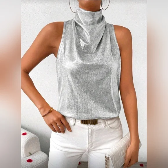 LUNE Metal-Tone Stand Collar Ruched Tank Top - Picture 6 of 6